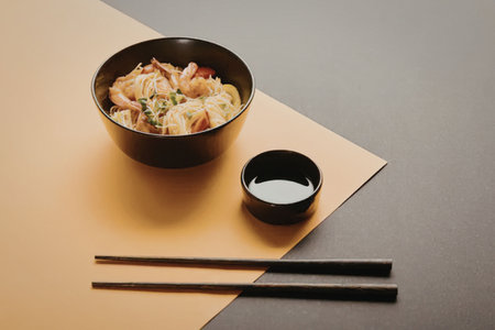 A bowl of shrimp and vegetable dish served with chopsticks and a side of sauce on a yellow and gray backgroundの写真素材