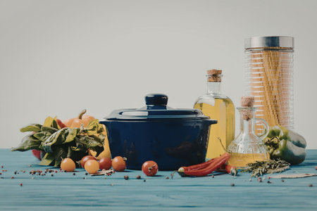 A blue pot with lid, surrounded by vegetables, pasta, oil and spices on a blue wooden table.の写真素材