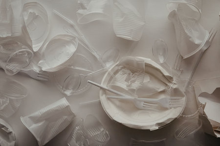 An image of a white plate with a plastic fork on it, surrounded by crushed white paper and plastic.