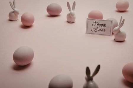 A festive Easter scene featuring small bunnies and eggs on a pink background with a Happy Easter...