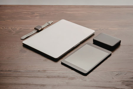 A collection of electronic devices, including a tablet, a smaller tablet, and a black box, arranged...