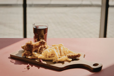 A wooden board with fried food and a glass of drink on a pink table