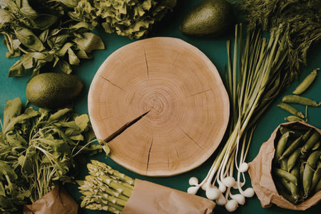 A wooden cutting board surrounded by various fresh green vegetables on a teal background