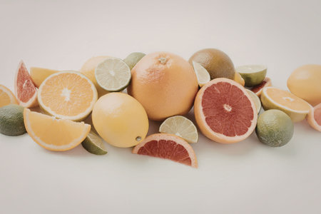 A vibrant arrangement of fresh citrus fruits including oranges, lemons, limes, and grapefruits.の写真素材