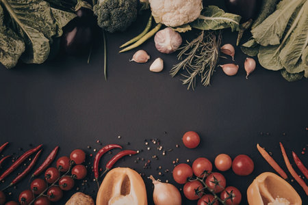 A variety of fresh vegetables and fruits arranged on a dark backgroundの写真素材