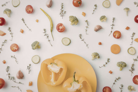 A vibrant arrangement of fresh vegetables on a yellow plate, including sliced peppers, tomatoes,...