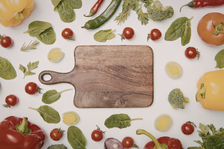 A wooden cutting board surrounded by various fresh vegetables including tomatoes, peppers, and herbs on a white background.の写真素材