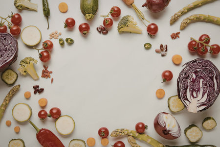 A variety of colorful vegetables arranged in a circular pattern on a white surfaceの写真素材