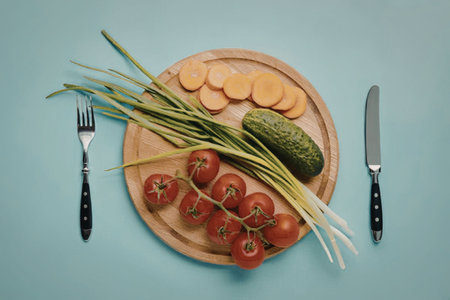 A wooden plate with sliced carrots, cherry tomatoes, green onions, and a cucumber, accompanied by a fork and knife on a light blue background.の写真素材