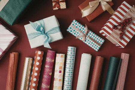 A collection of colorful gift wrapping paper rolls and beautifully wrapped presents on a red...