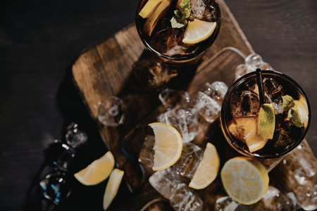 Two glasses of cold drink with lemon slices and ice cubes on a wooden board