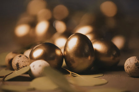 A close-up of golden Easter eggs with leaves and quail eggs on a surface.
