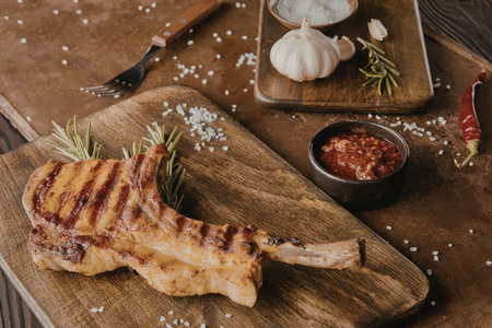 A grilled pork chop on a wooden cutting board, garnished with rosemary and salt, accompanied by a bowl of red sauce and garlic on a side board.の写真素材