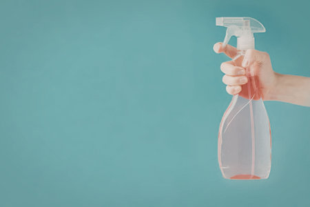 A hand holding a clear plastic spray bottle against a blue background