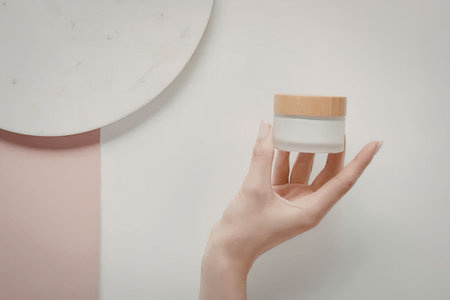 A hand holding a jar of skincare cream against a pink and white backgroundの写真素材