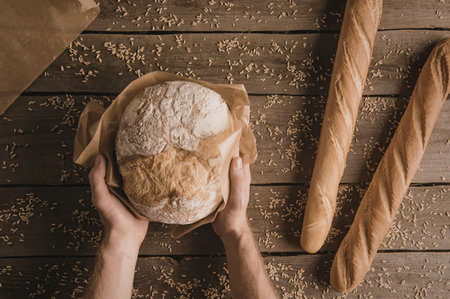 A person holding a round loaf of bread in their hands with two long baguettes on a wooden table.