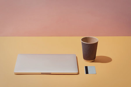 A laptop, coffee cup, and card on a vibrant yellow and orange desk