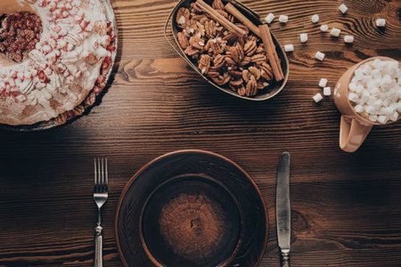 A holiday table setting with a donut, nuts, and marshmallows on a wooden table.の写真素材