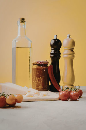 a table with a bottle of oil, a jar of sauce, cheese, tomatoes, and spices