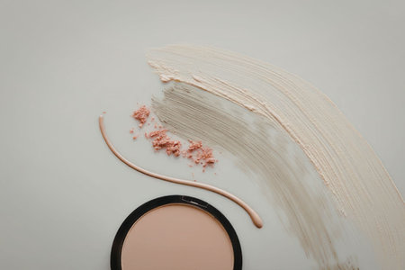 A display of various makeup products on a white surface, including a foundation, blush, and...