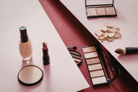 A collection of makeup products including foundation, eyeshadow, lipstick, and powder displayed on a...