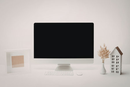 A clean and minimalist workspace setup featuring a computer monitor, keyboard, mouse, picture frame,...