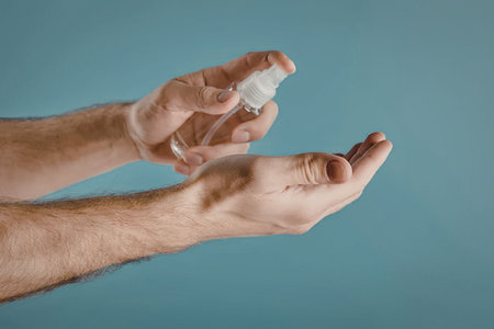 A person applying hand sanitizer to their palmの写真素材
