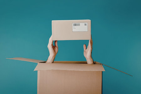 A person is holding a small cardboard box out of a larger opened cardboard box against a blue...