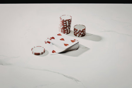 A deck of cards with poker chips on a white marble surface