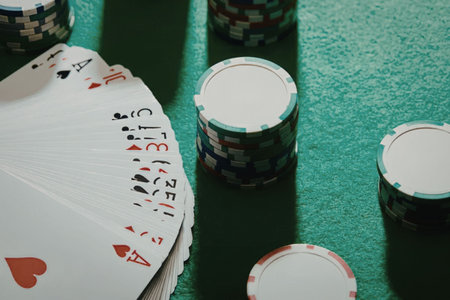 A close-up of poker chips and a fan of playing cards on a green felt table.の写真素材