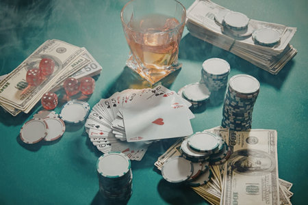 A green table with poker cards, chips, cash, and a glass of whiskey, indicating a high-stakes poker...