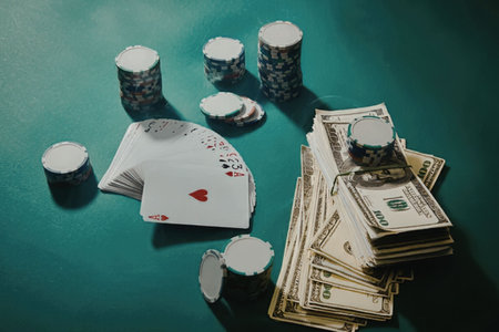 A stack of poker chips and US dollar bills on a green felt table with playing cards