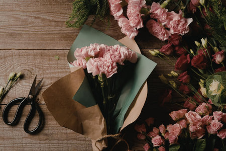 A bouquet of pink carnations wrapped in brown paper and green tissue paper, accompanied by scissors and loose flowers on a wooden table.の写真素材
