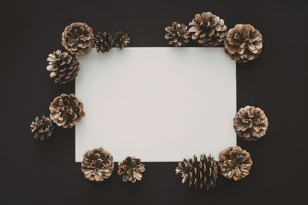 A white rectangular frame surrounded by pinecones on a black background