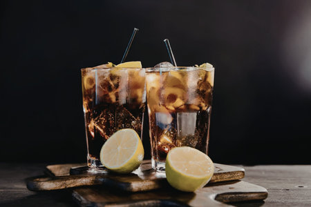 Two glasses of cola based drink with ice and lime on a wooden board