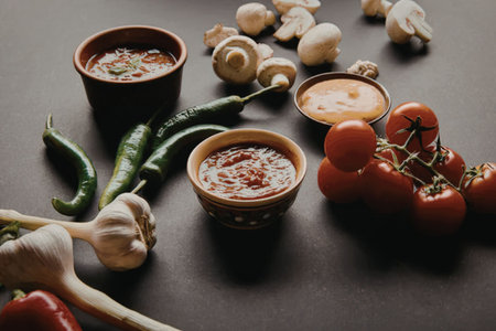 An arrangement of spicy food ingredients including chili peppers, tomatoes, garlic, mushrooms, and bowls of sauce on a dark surface.の写真素材
