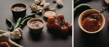 A photo of two bowls of spicy sauce surrounded by ingredients like chili peppers, garlic, and...