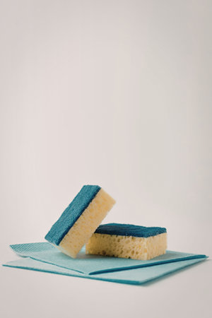 The image shows two yellow and blue sponges placed on top of blue napkins. The sponges have a yellow...