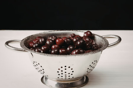 A stainless steel colander filled with fresh cranberries on a white surfaceの写真素材