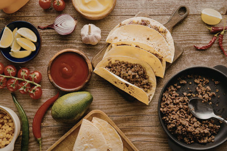 A wooden table with tacos, ground beef, tortillas, vegetables, and condiments.