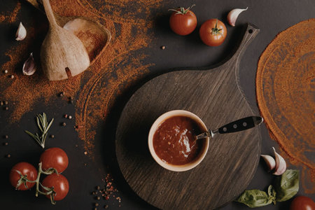 A bowl of tomato sauce on a wooden cutting board surrounded by tomatoes, garlic, and herbs.の写真素材