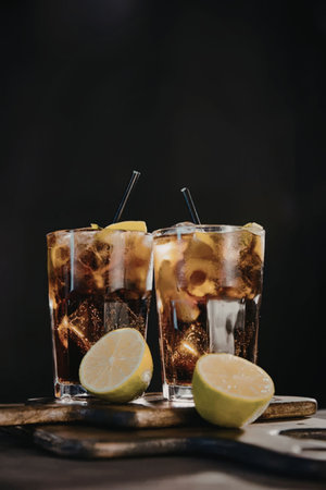 Two glasses of cola with ice and lime on a wooden board