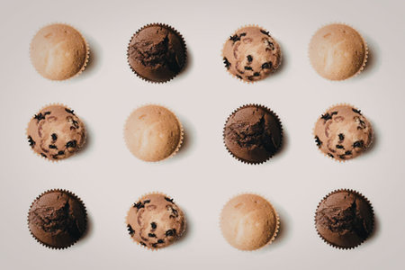 An assortment of muffins in different flavors and colors arranged on a plain white surface.