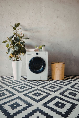 A washing machine sits on a geometric patterned floor next to a plant in a white pot and a wooden bin.の写真素材