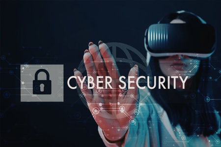 A woman wearing a VR headset with a hand gesture, surrounded by cyber security elements.