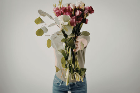 A person holding a bouquet of pink roses in front of their face, wearing blue jeans and a light...