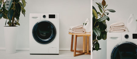 A white washing machine with a stack of towels on a wooden stool next to it, accompanied by a green...