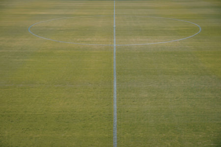 A green soccer field with white linesの写真素材