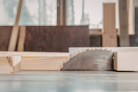 A circular saw cutting through wood in a workshop