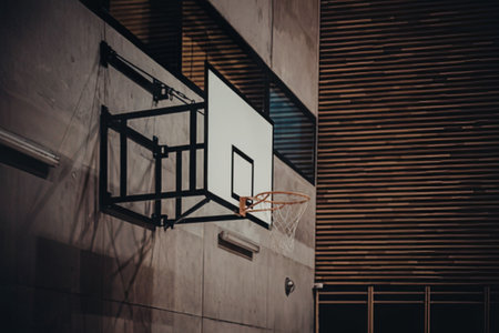 Abandoned basketball hoop on a building